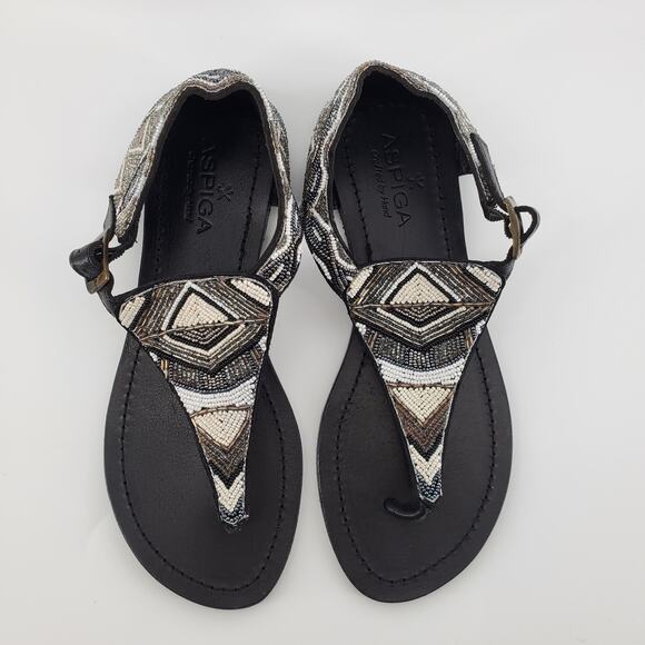 Aspiga Black Silver White T-Strap Hand-beaded Ankle Cuff Sandals Buckle Clasp 38 - Picture 4 of 11